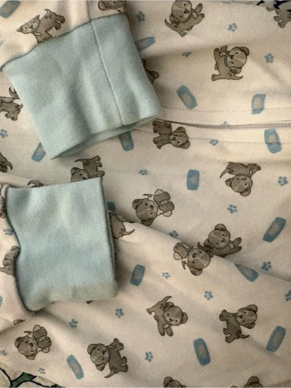 Magnolia Baby White Sleep Zip Romper with Light Blue Trim puppy 6 months